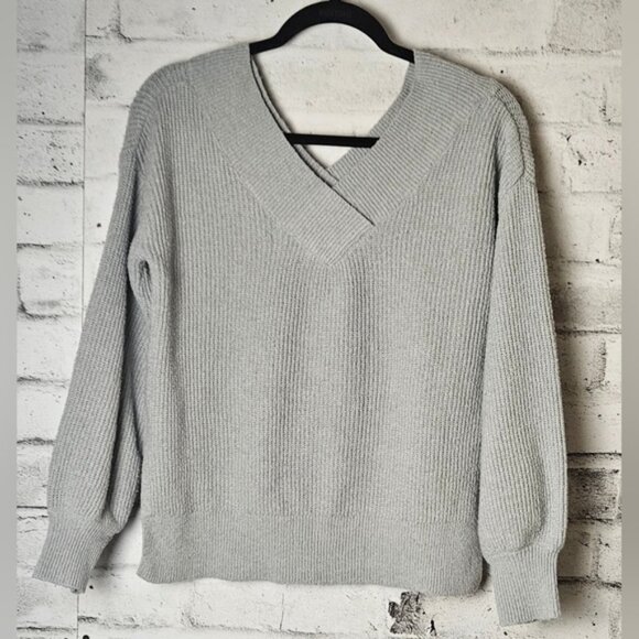 Pink Rose Gray Ribbed Knit V-Neck Sweater Balloon Sleeve Size Medium - Picture 4 of 10